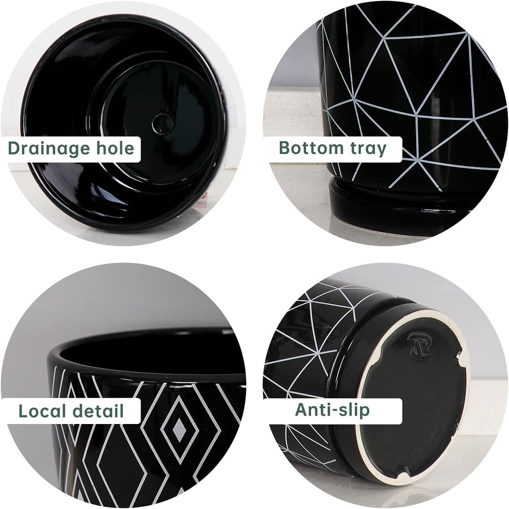 Flower Pots,5.5 Inch Black Ceramic Planters with Drainage Hole Set of 4 | Geometry Pots for Plants | Indoor Cylinder