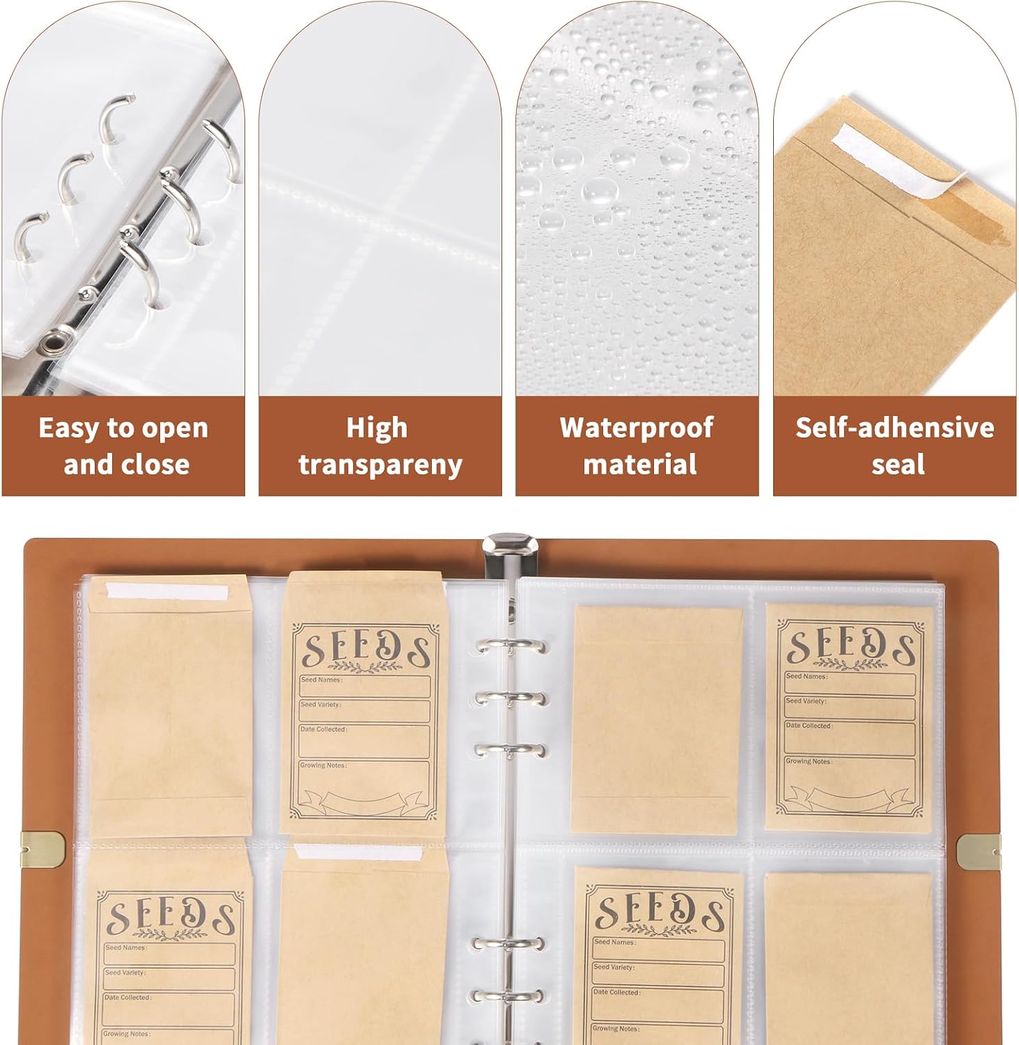 Garden Seed Storage Organizer Binder - 150 Resealable Seed Envelopes Brown Shell with 40 Sheet Protectors for Efficient