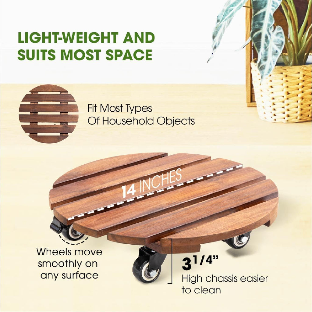 2-Pack 14 Inch Acacia Wood Plant Caddy with Wheels – Heavy-Duty Plant Dolly with 264 Lbs Capacity, 360° Lockable Wheels