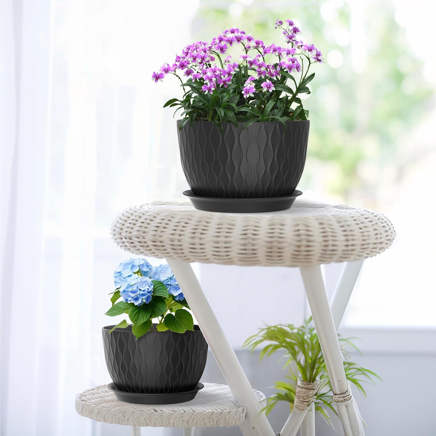 Meowell 12/10/9 inch Large Plant Pots, 3 Pack Wide Flower Pots for Outdoor Indoor Plants with Water Ripples, Big