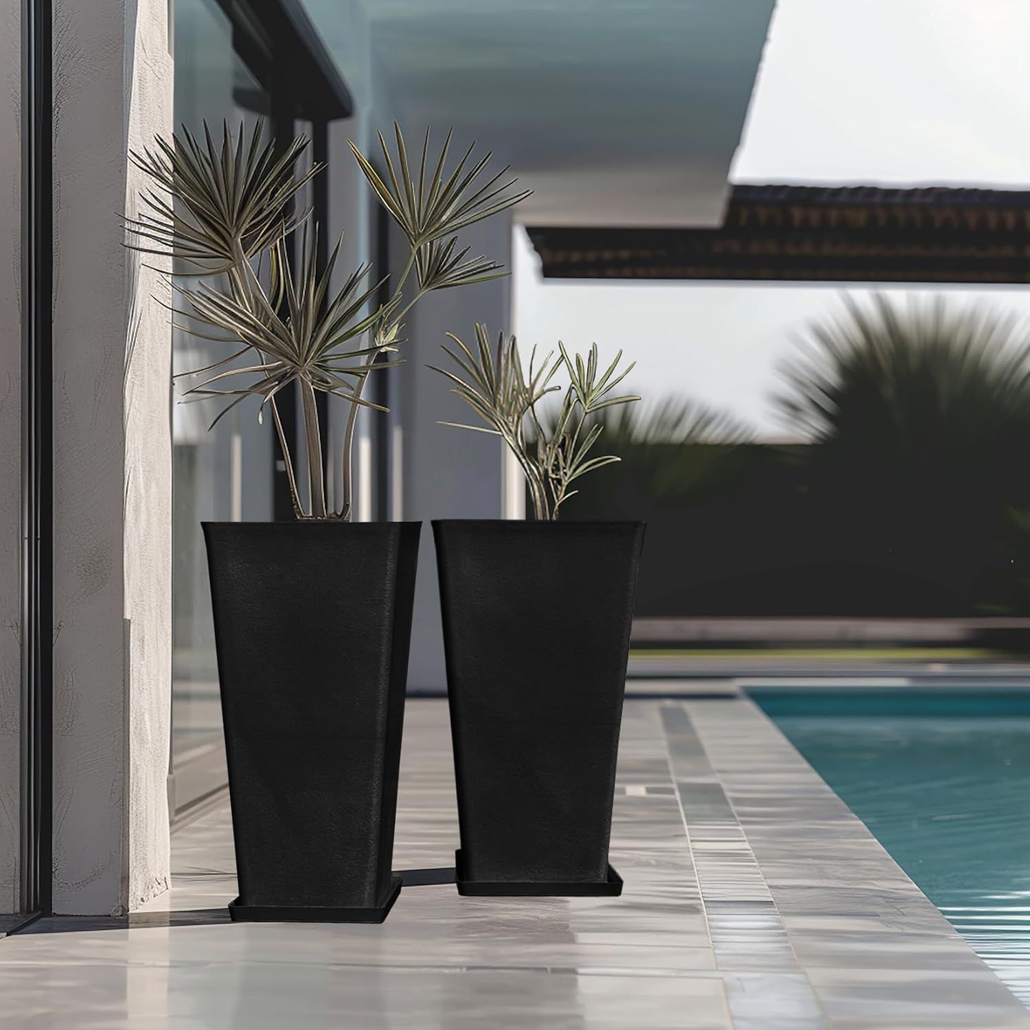 LA JOLIE MUSE Tall Outdoor Large Rectangular Planters Set of 2, 30 Inch | Tall Black Planters with Shelf Insert, Extra
