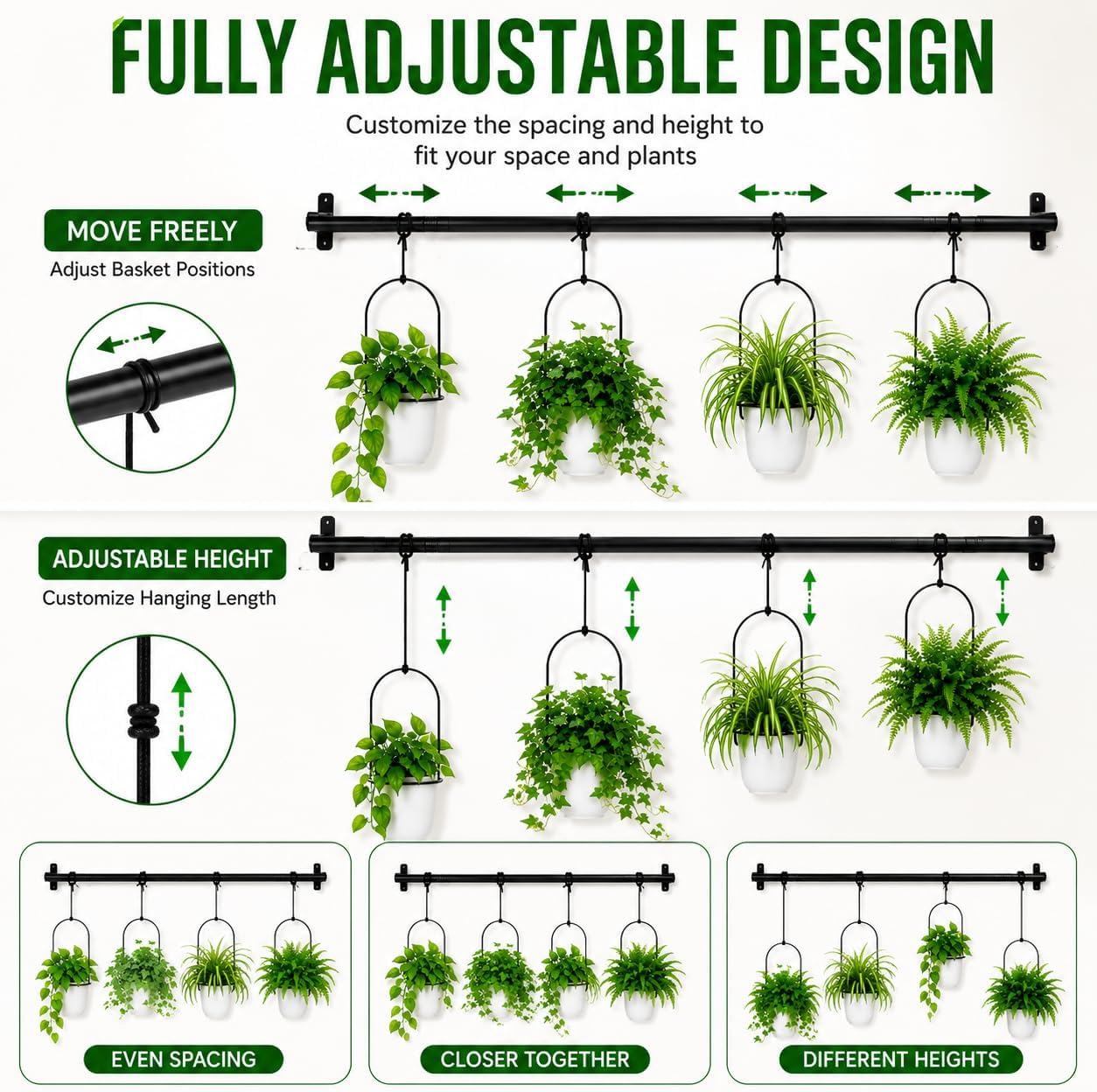 Adjustable Hanging Window Planter with 4 Pots, Space Saving Indoor Herb Garden Plant Hanger, Metal Vertical Plant Rack