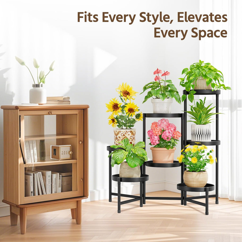 LASZOLA Plant Stand Indoor with 10 Inch Large Metal Tray, 7 Tier Black | Corner Tall Folding Flower Display Rack