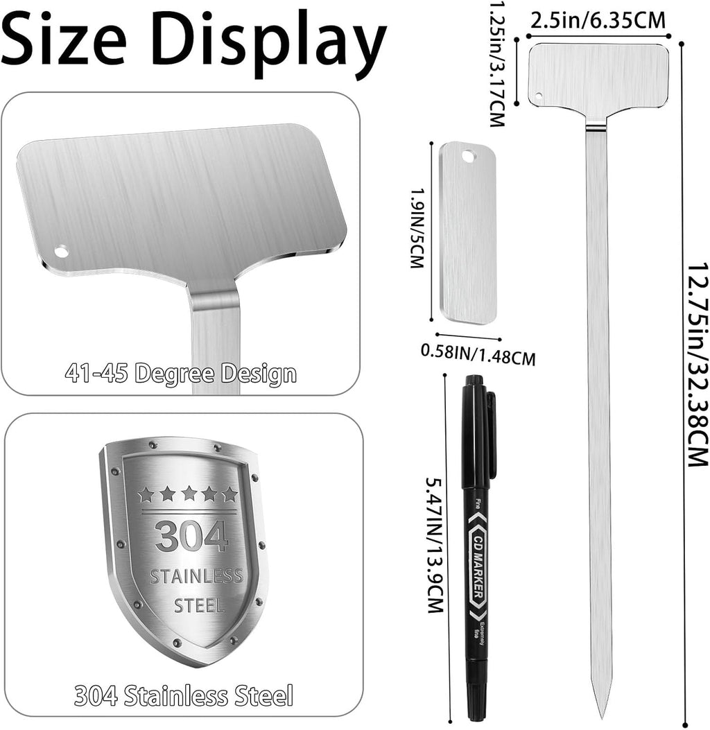 304 Stainless Steel Plant Markers, 50 Waterproof Metal Plant Label Stakes with 50 Tag Buckles & 2 Marker Pen, 12.75"
