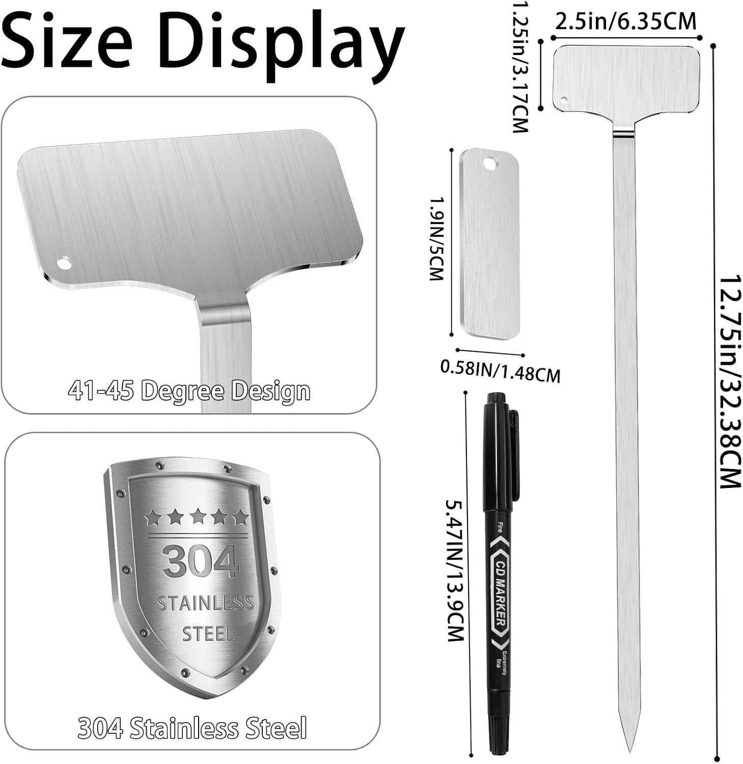304 Stainless Steel Plant Markers, 50 Waterproof Metal Plant Label Stakes with 50 Tag Buckles & 2 Marker Pen, 12.75"