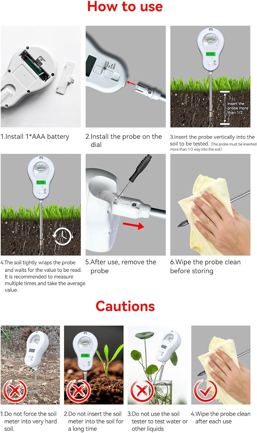 6-in-1 Soil Moisture Meter, PH Tester, Soil Moisture, Fertility, Sunshine Intensity, Temperature, Humidity, with