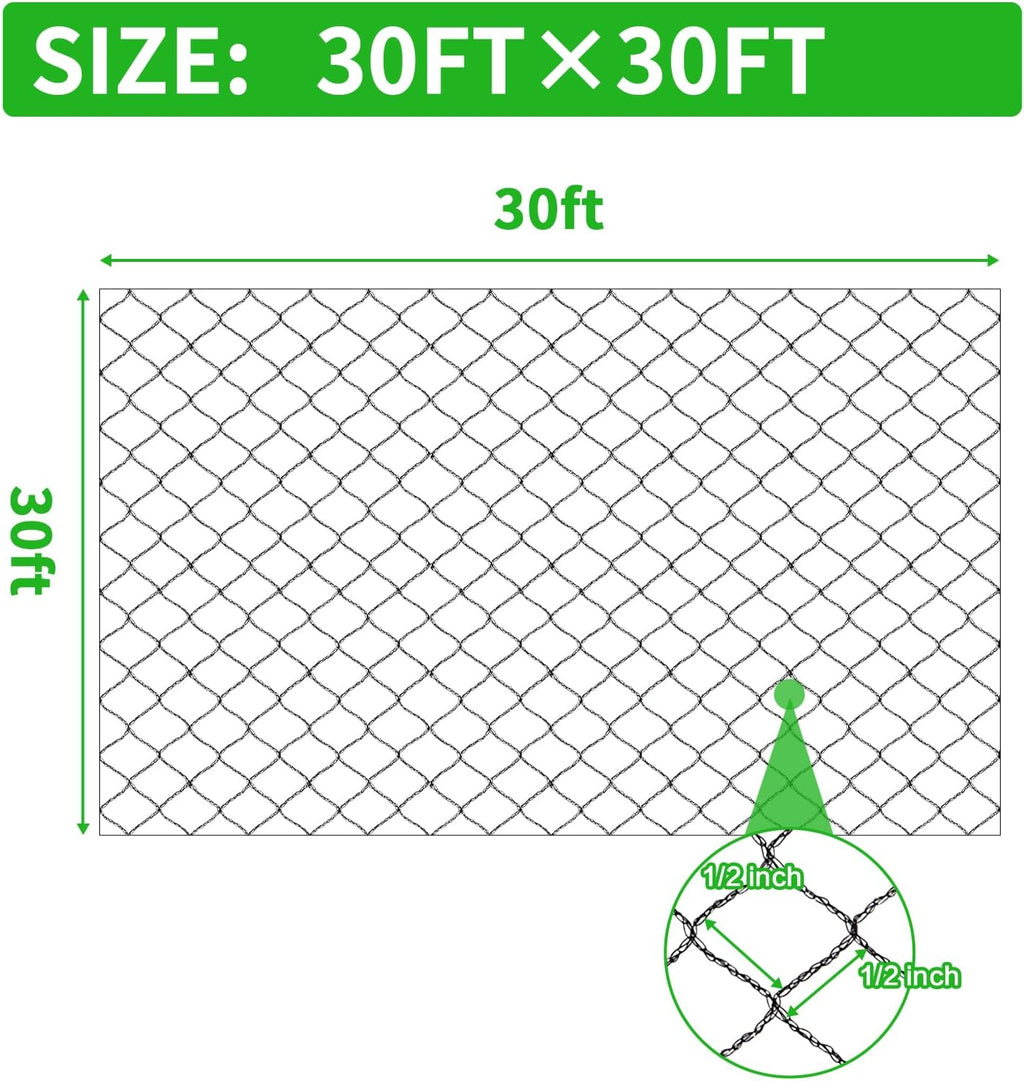 30x30 FT Bird Netting, 1/2" Mesh, Heavy Duty Garden Netting | Strong Woven Netting for Garden Protection, Plants, Fruit