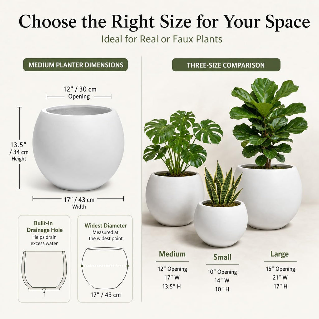 13.5" H x 17" Dia White Fiberstone Planter Pot with Drainage Hole, Large Round Indoor Outdoor Flower Pot for Artificial