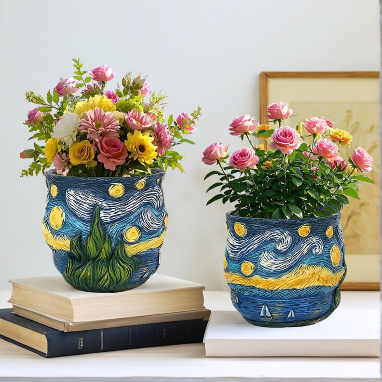 Starry Night Planter Pot, Van Gogh Flower Pot, Unique Resin Vase for Plants