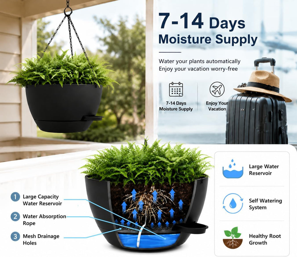 12" Self Watering Hanging Planters with Chains, Black, 2 Pack | 43 Oz removable self-watering reservoir, for