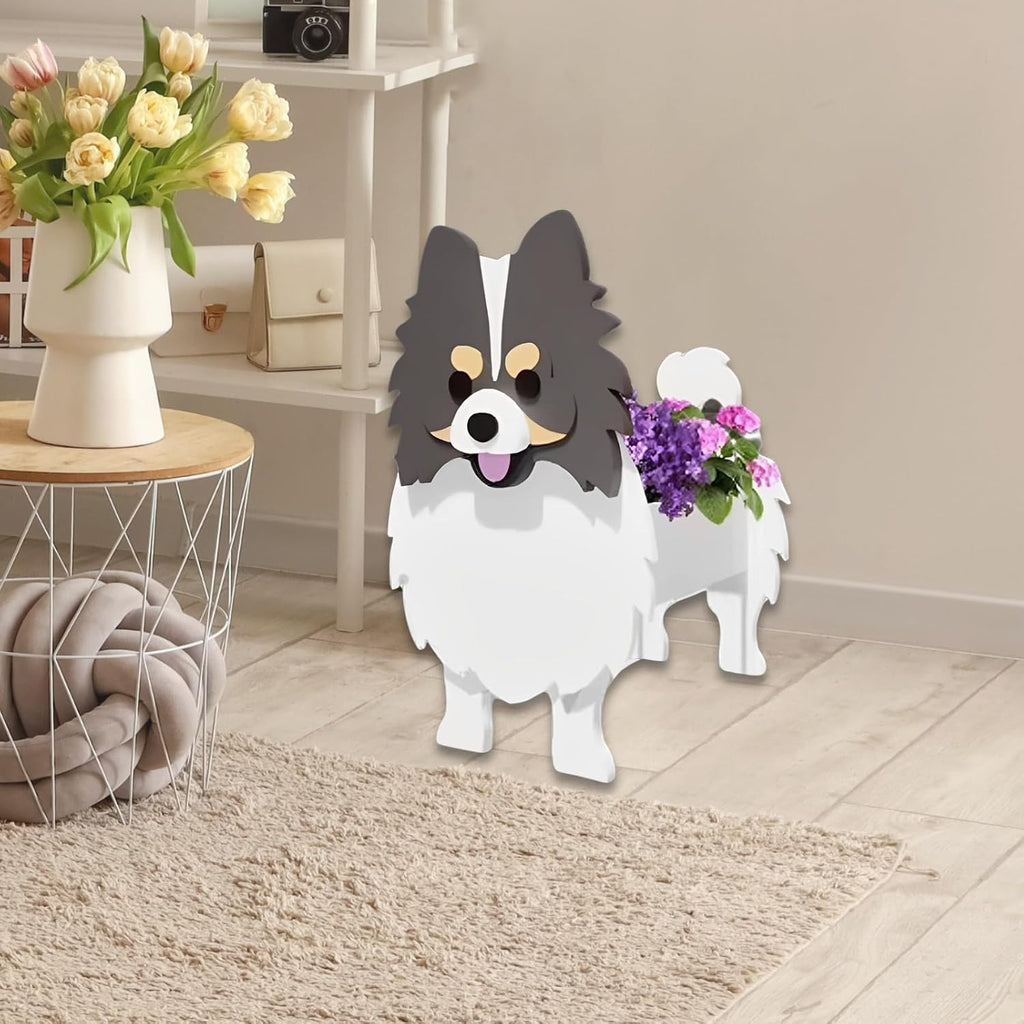 Grey and White Pomeranian Dog Planter, Animal Shaped Flower Pot | Cute Plant Gift for Women and Pet Lovers, Indoor