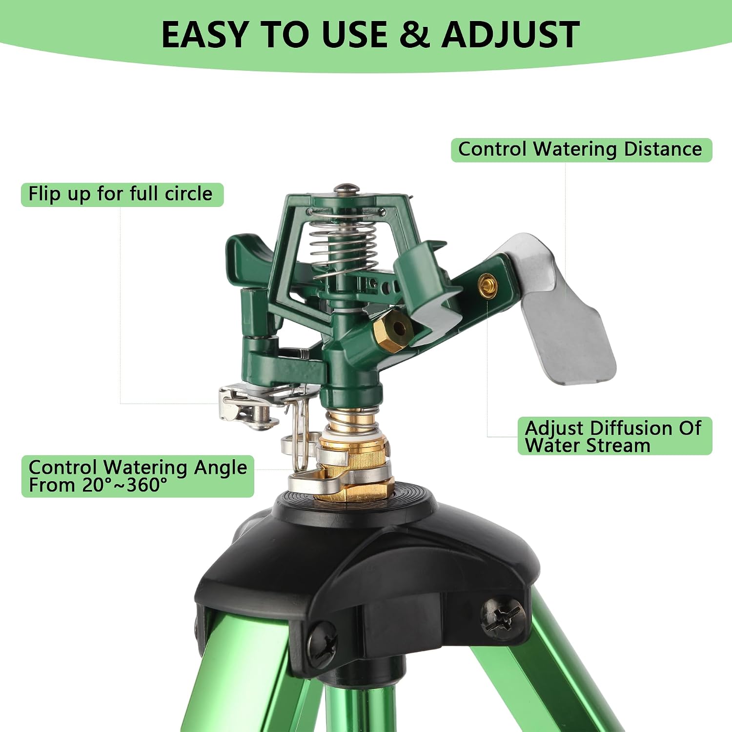 Green Zinc Alloy Water Bird Sprinkler, Heavy Duty Tripod Base Garden Sprinkler, 360 Degree Large Area Irrigation
