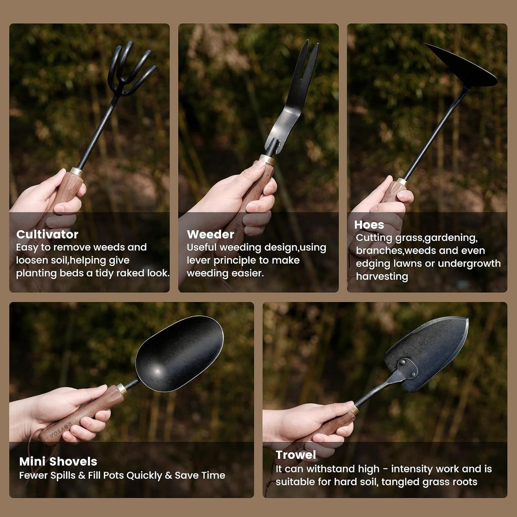 ROYTOA Garden Tool Set, 5PCS Gardening Tools, Stainless Steel Heavy Duty Hand Cultivator, Hoes, Shovel, Trowel and