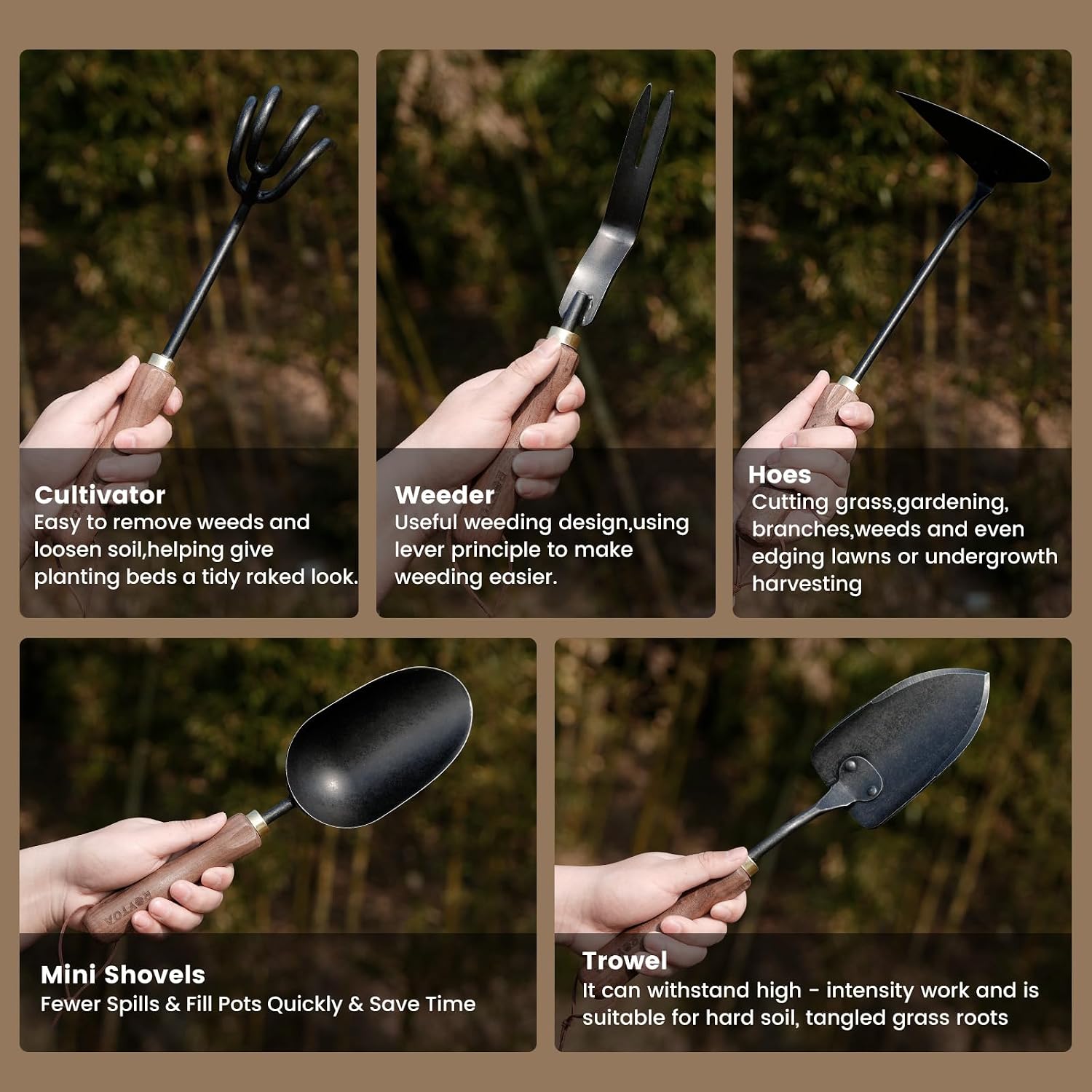 ROYTOA Garden Tool Set, 5PCS Gardening Tools, Stainless Steel Heavy Duty Hand Cultivator, Hoes, Shovel, Trowel and