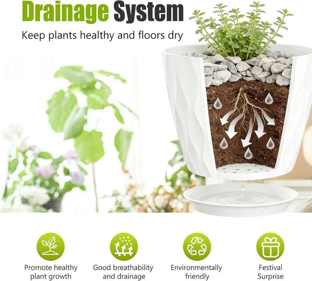 8 Inch Plastic Plant Pots,Set of 5 Flower Pots,Planters with Drainage Holes & Saucers, Indoor Outdoor Garden Pots for