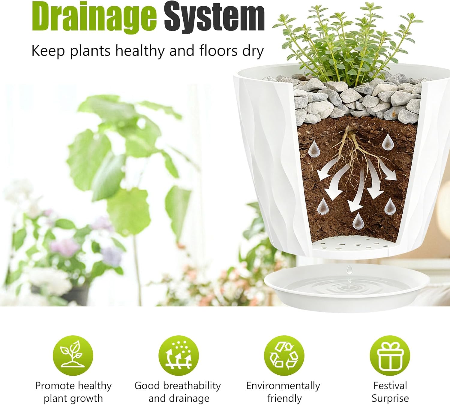 8 Inch Plastic Plant Pots,Set of 5 Flower Pots,Planters with Drainage Holes & Saucers, Indoor Outdoor Garden Pots for