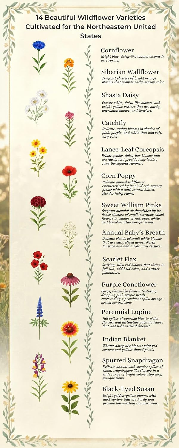 Delaware Bulk Wildflower Seed Mix 1/4lb Covers 500sq-ft - Attract Pollinators, Multi-Color Perennial and Annual Non-GMO