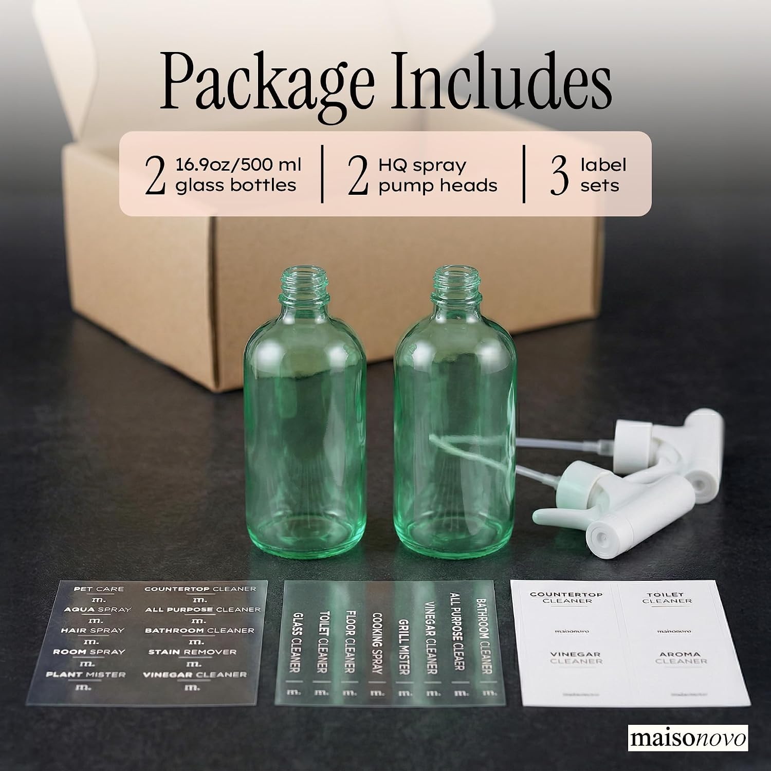 MaisoNovo Green Glass Spray Bottle 16.9 oz Pack of 2 - Green Spray Bottles for Plants with Fortified Glass & Fine Mist