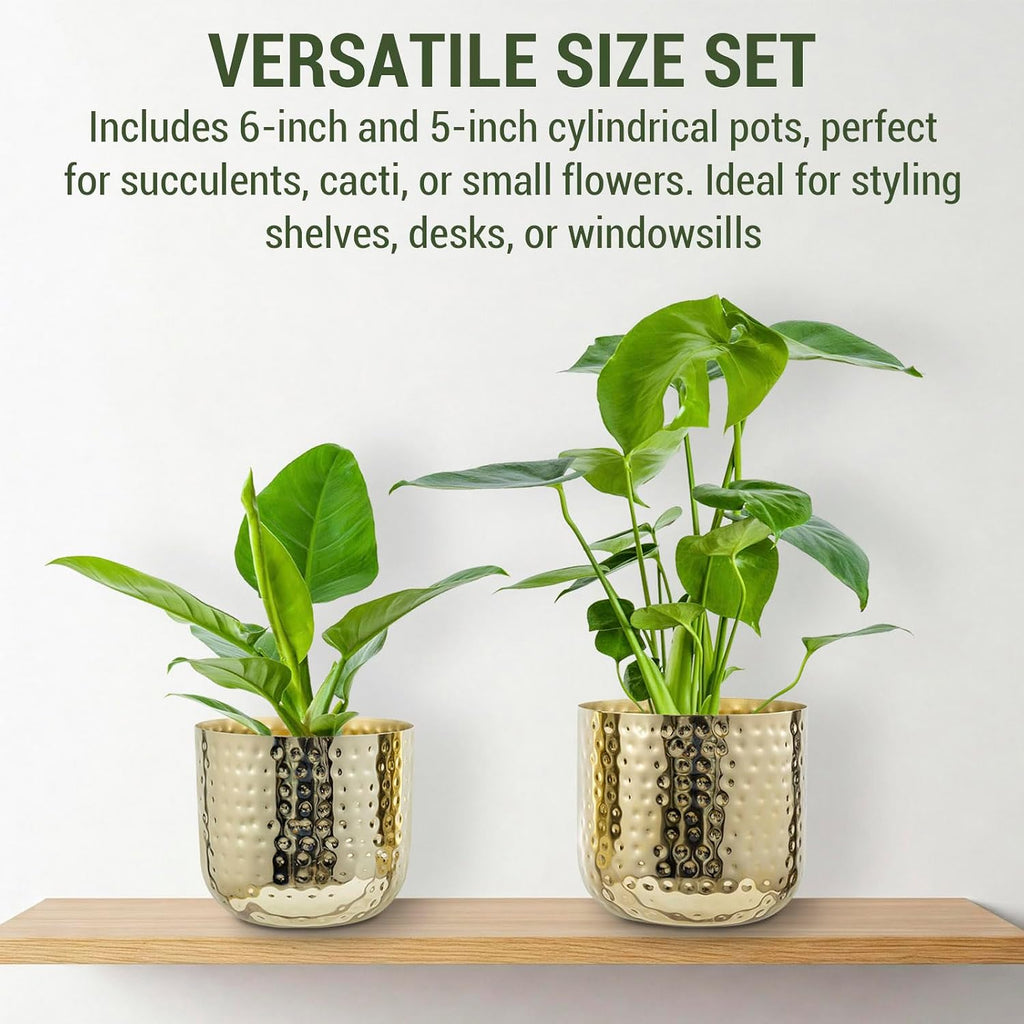 MyGift Modern Hammered Brass Plated Metal Planter Pots – Set of 2 Indoor Plant Containers, 6 & 5-Inch Cylindrical
