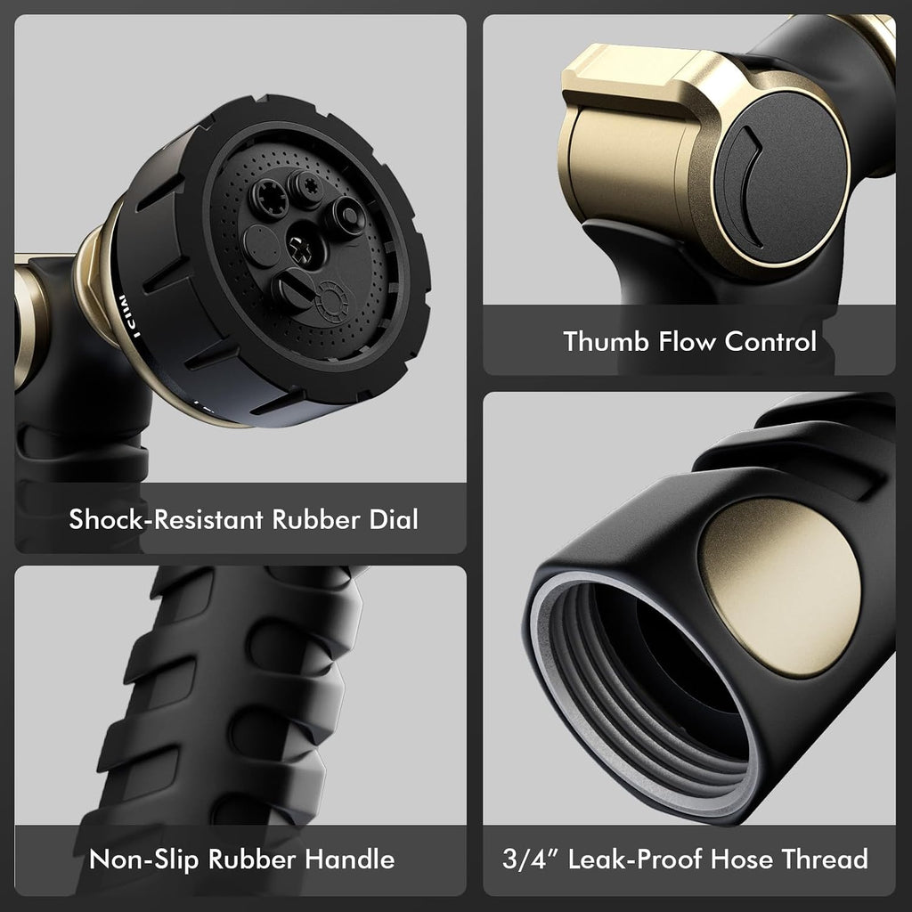 RESTMO Heavy Duty Hose Nozzle, Metal Garden Water Hose Sprayer | 7 Watering Patterns, Thumb Control, On Off Valve, Leak
