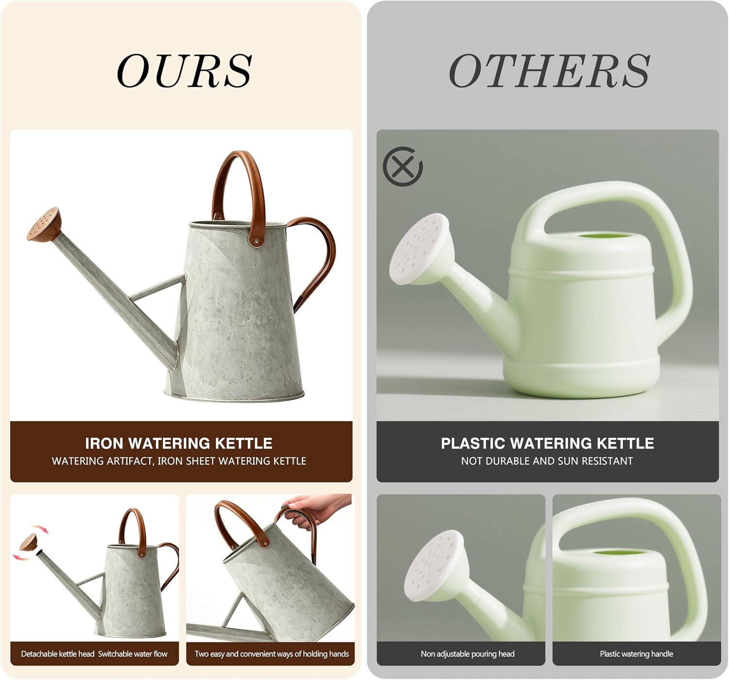 1.5 Gallon Metal Watering Can for Outdoor Plants, Watering Can, Cream Zinc | 5.7L Watering Can with Removable Spout and