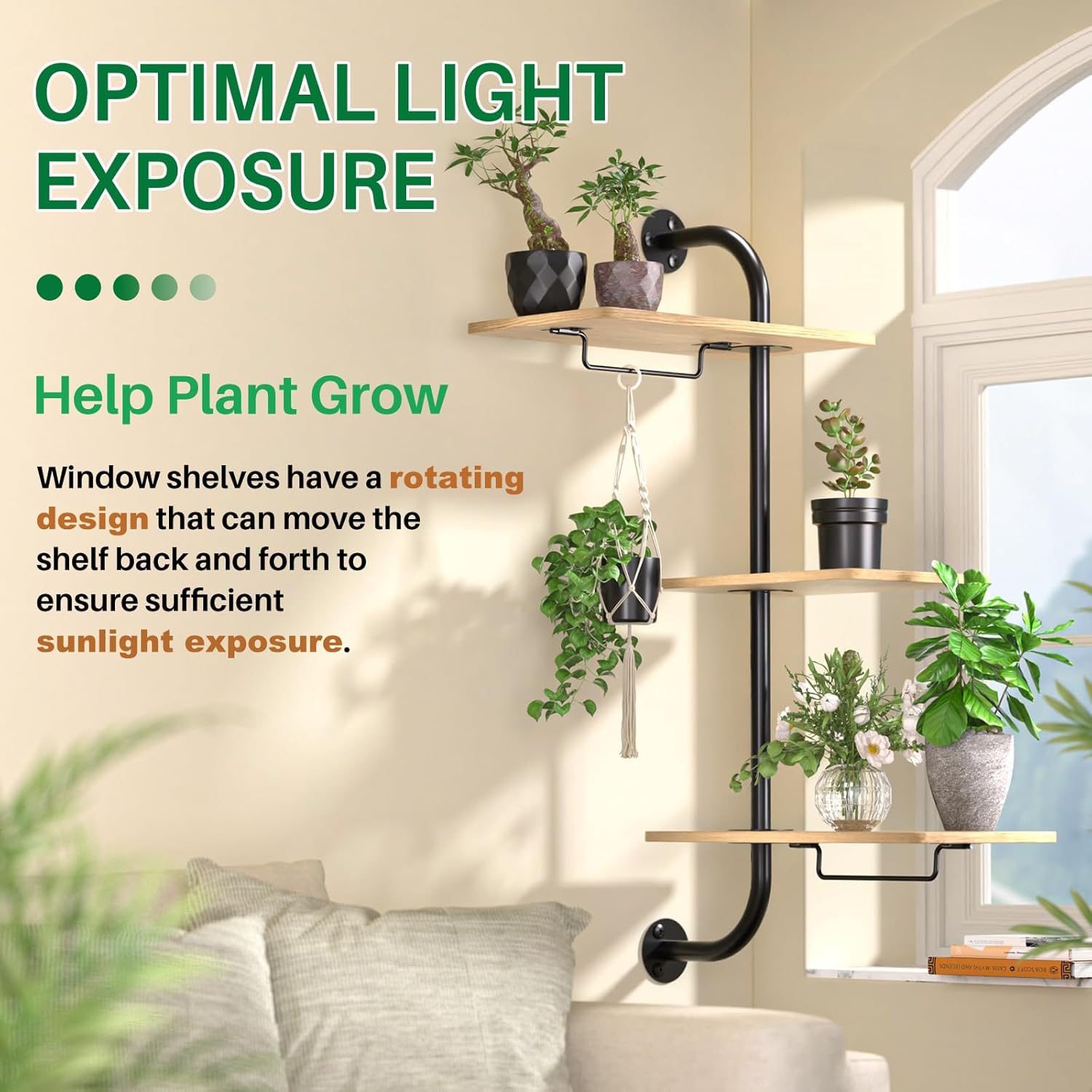DELLAN 3-Tier Window Plant Shelves, Rotating Wall Mounted Shelf | Space saving rotating plant shelf for window & wall