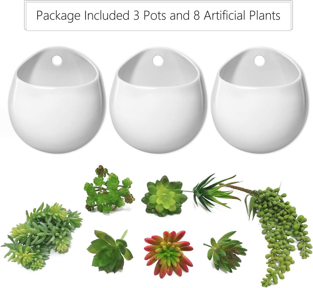 Mkono Wall Planter Ceramic Hanging Pot with Artificial Fake Plants, 3 Pack | 8 Realistic Succulents Included,White Air
