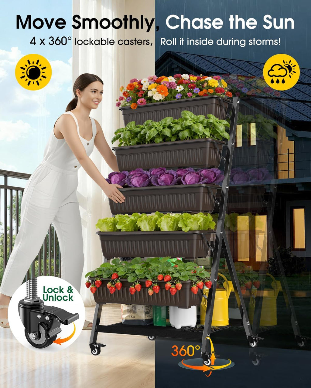 5-Tier Vertical Garden Bed Planter Boxes with Wheels, Drainage System & Storage Space, Mobile Vertical Garden Planter