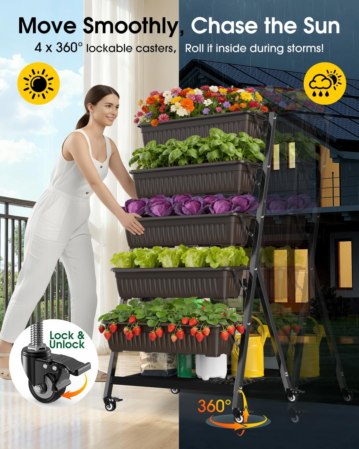 5-Tier Vertical Garden Bed Planter Boxes with Wheels, Drainage System & Storage Space, Mobile Vertical Garden Planter