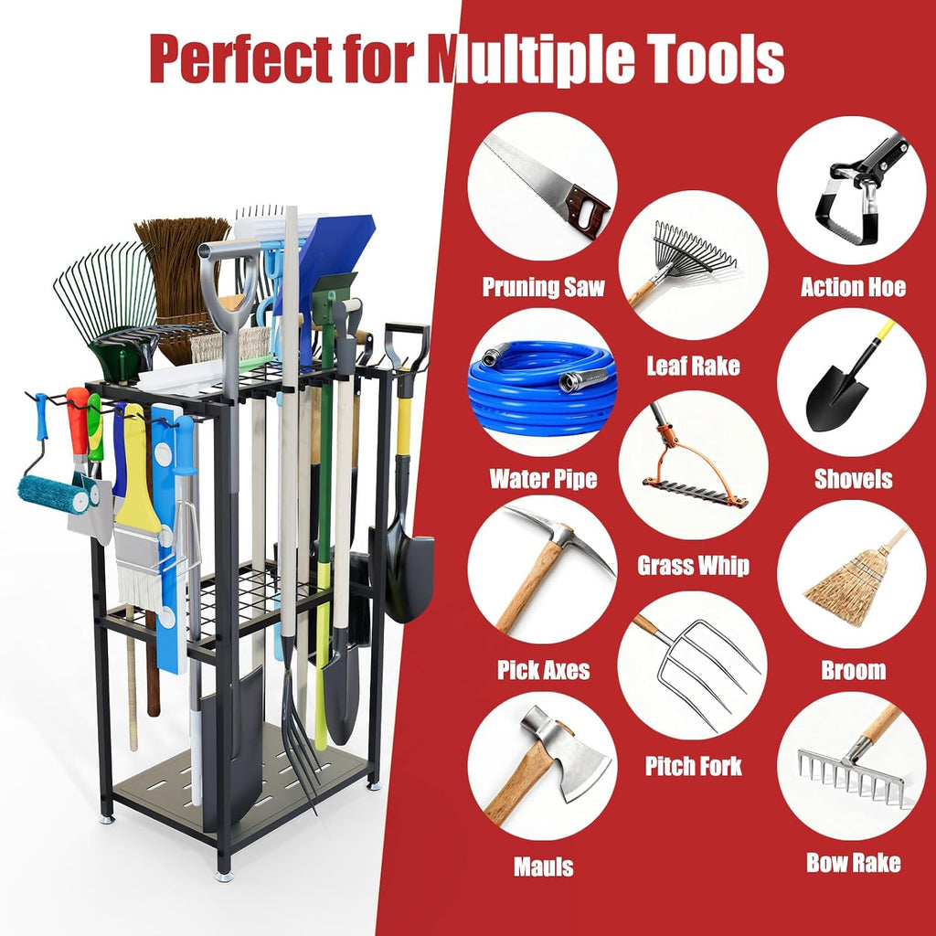 Faesun Garden Tool Organizer, 3-Tier Metal Yard Tool Rack with 14 Hooks & 5 Slots, Holds 50+ Rakes/Shovels/Brooms