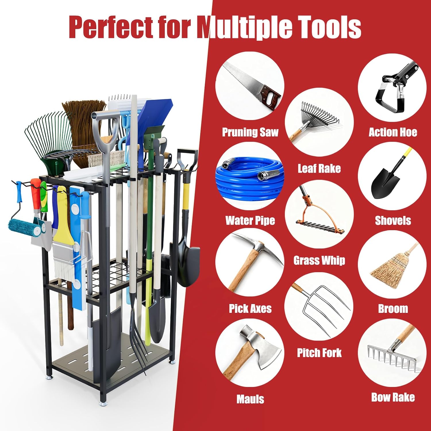 Faesun Garden Tool Organizer, 3-Tier Metal Yard Tool Rack with 14 Hooks & 5 Slots, Holds 50+ Rakes/Shovels/Brooms