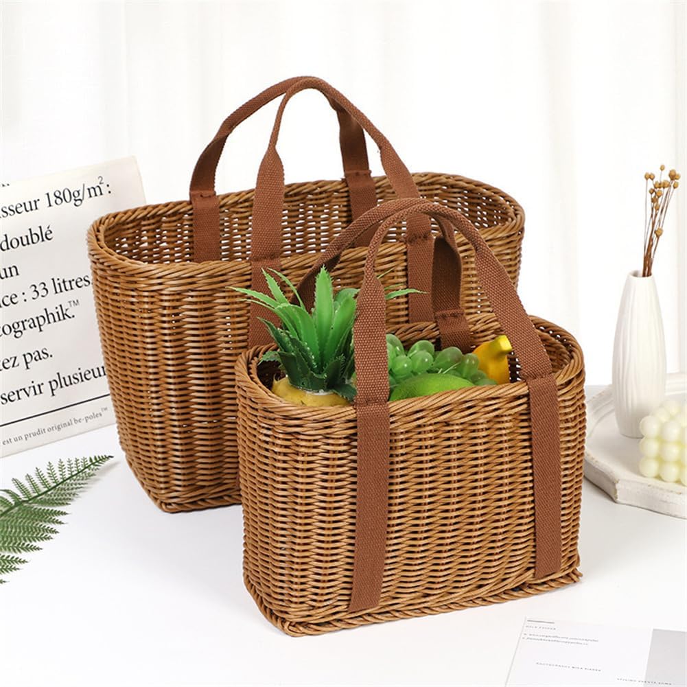 Wicker Shopping Basket with Handles – Reusable Handwoven Market Basket for Groceries, Farmers Market, Foraging, Picnic