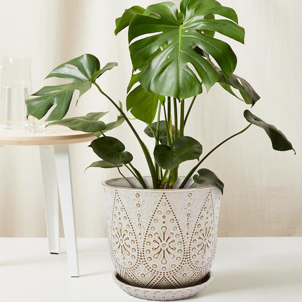 Gepege 10 Inch Ceramic Plant Pot for Indoor Plants with Drainage & Saucer | Large ceramic plant pot with drainage hole