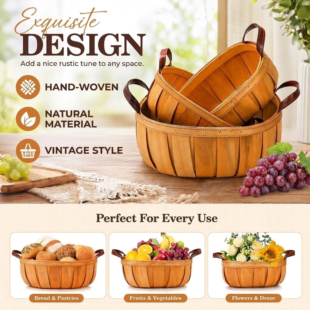 Goaste 3 Pack Wooden Bread Baskets, Wood Chip Picnic Basket with Handles, Handmade Woven Harvest Basket Holder, Rustic