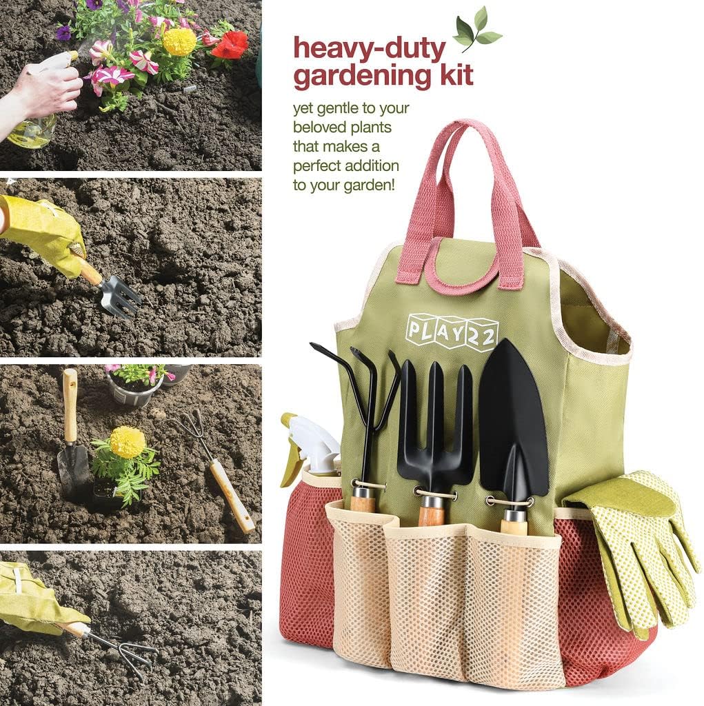 Gardening Tools Set of 10 - Complete Heavy Duty Garden Tools Set with Fashion Handbag - Durable Gardening Supplies Kit