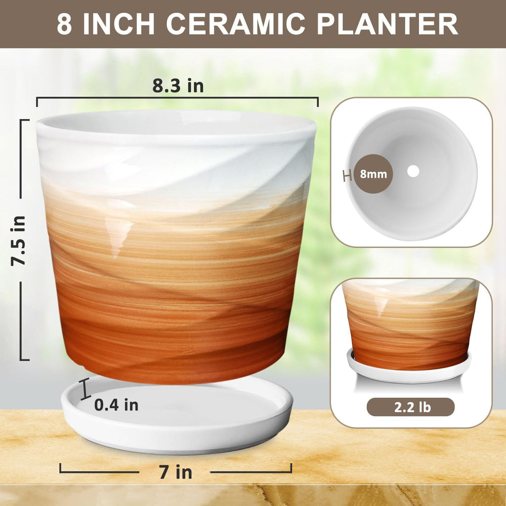 8 Inch Plant Pot, Ceramic Planter with Drainage and Saucer,Ceramic Planters for Indoor Plants, 8 Inch Garden pots(Khaki