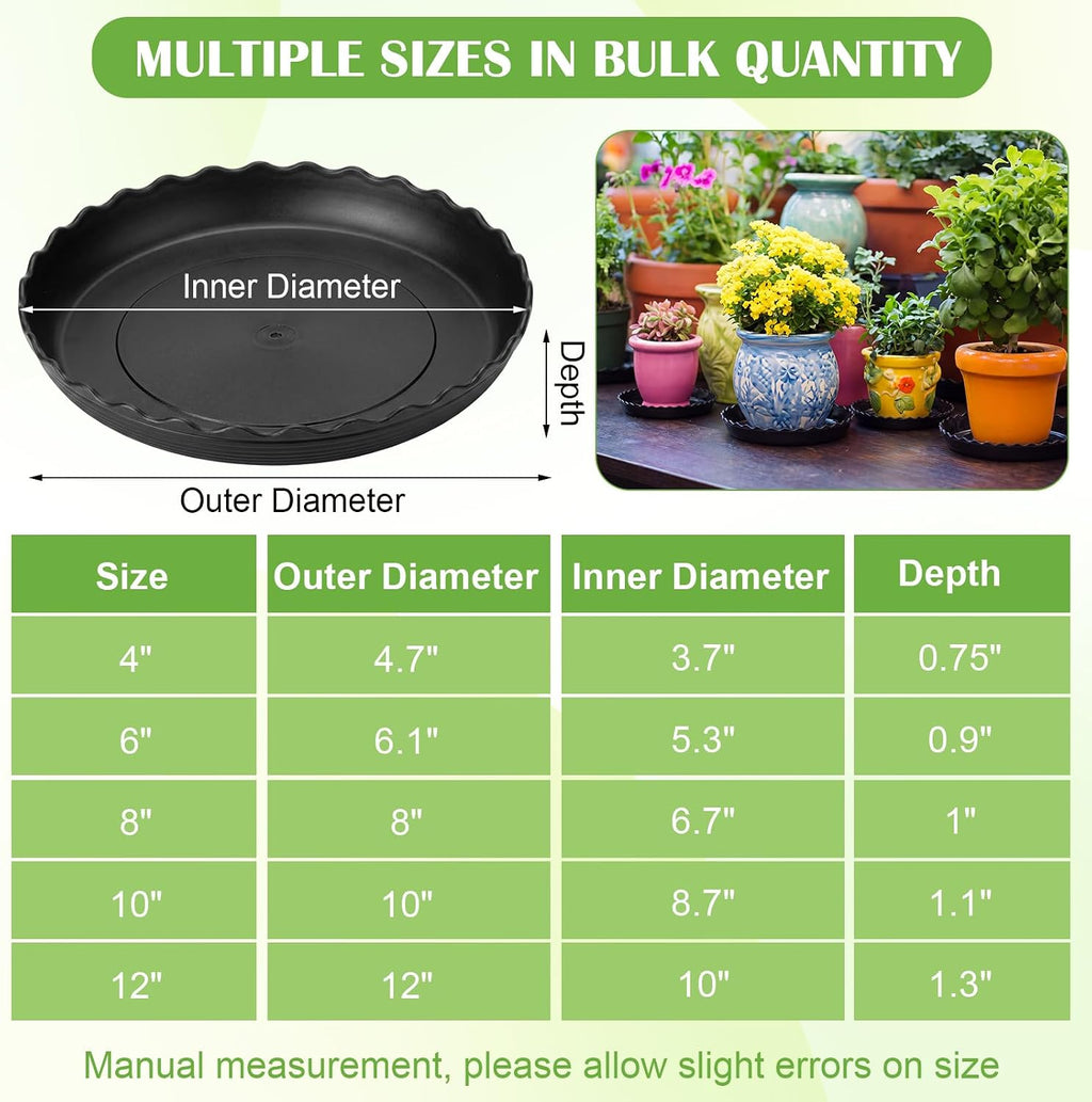 Gejoy 30 Pack Plant Saucers for Pots, 4/6/8/10/12 Inch Black Plastic Plant Trays to Catch Water, Durable Heavy Duty