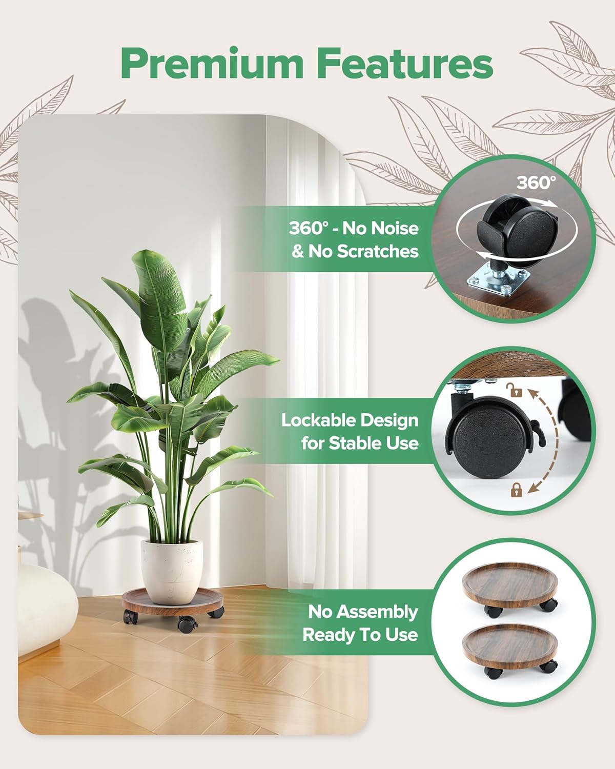 2 Pack Plant Caddy with Wheels, 12" Wood Rolling Plant Stand with 360° Lockable Wheels, Plant Stands Outdoor for Large
