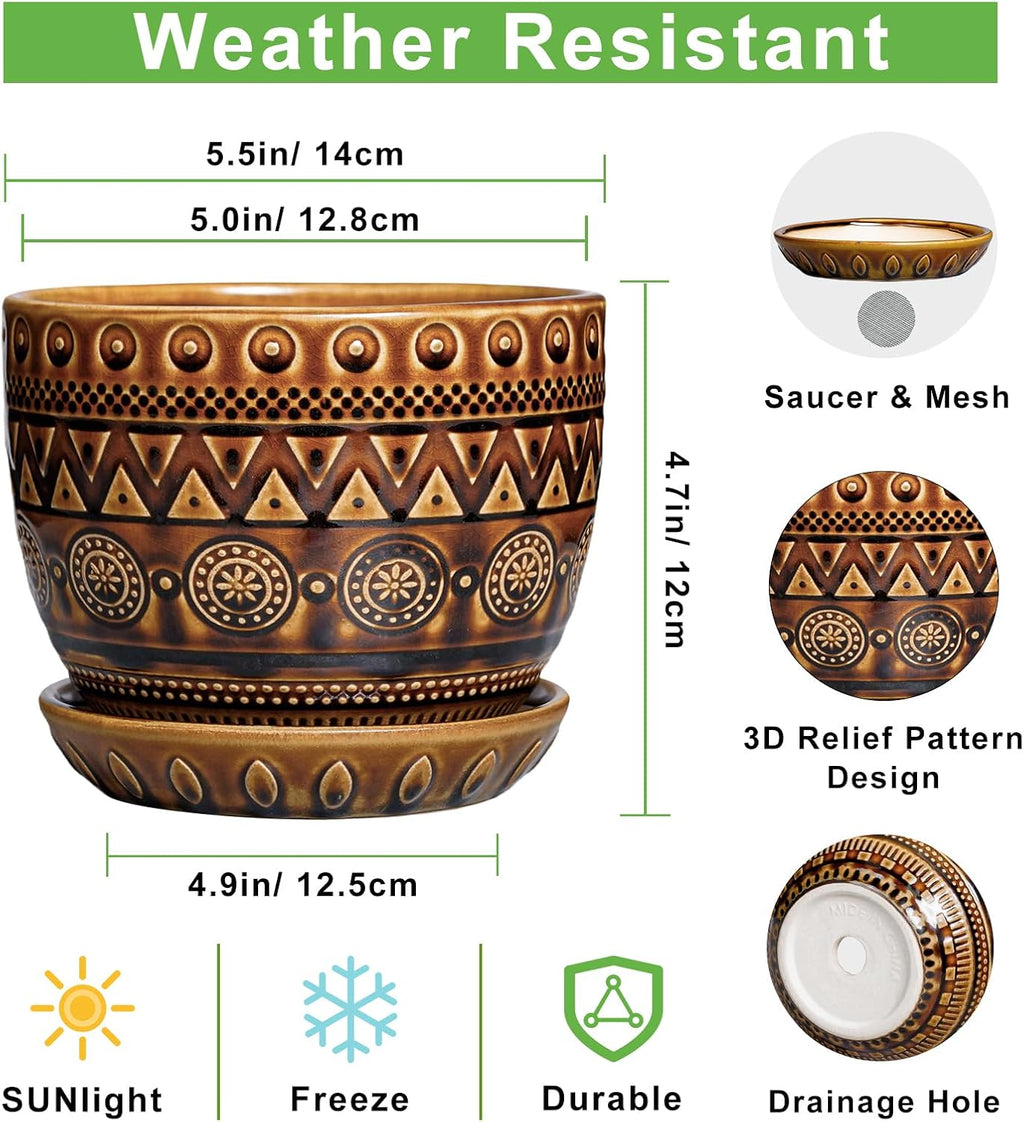 G EPGardening Ceramic Pot for Plants 5.5 Inch - Ceramic Plant Pot with Drainage Hole and Saucer, Boho Round Planter for