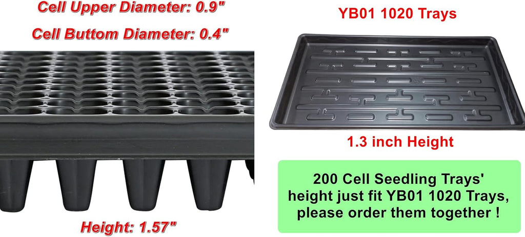 RooTrimmer 10 Pack 200 Cell Seed Starter Trays- Thick Durable Plastic Nursery Flats with Drainage Holes for Seedlings