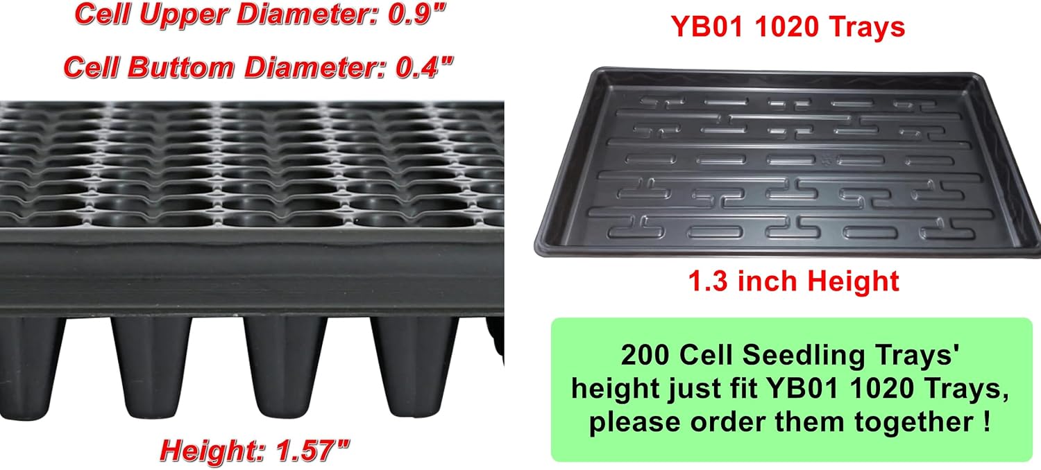 RooTrimmer 10 Pack 200 Cell Seed Starter Trays- Thick Durable Plastic Nursery Flats with Drainage Holes for Seedlings