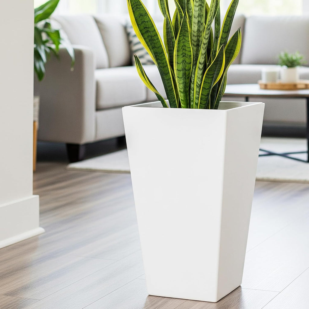 Worth Garden 20" Tall Planters Set of 2 – Large White Tapered Plastic Flower Pots for Indoor & Outdoor Use – Modern