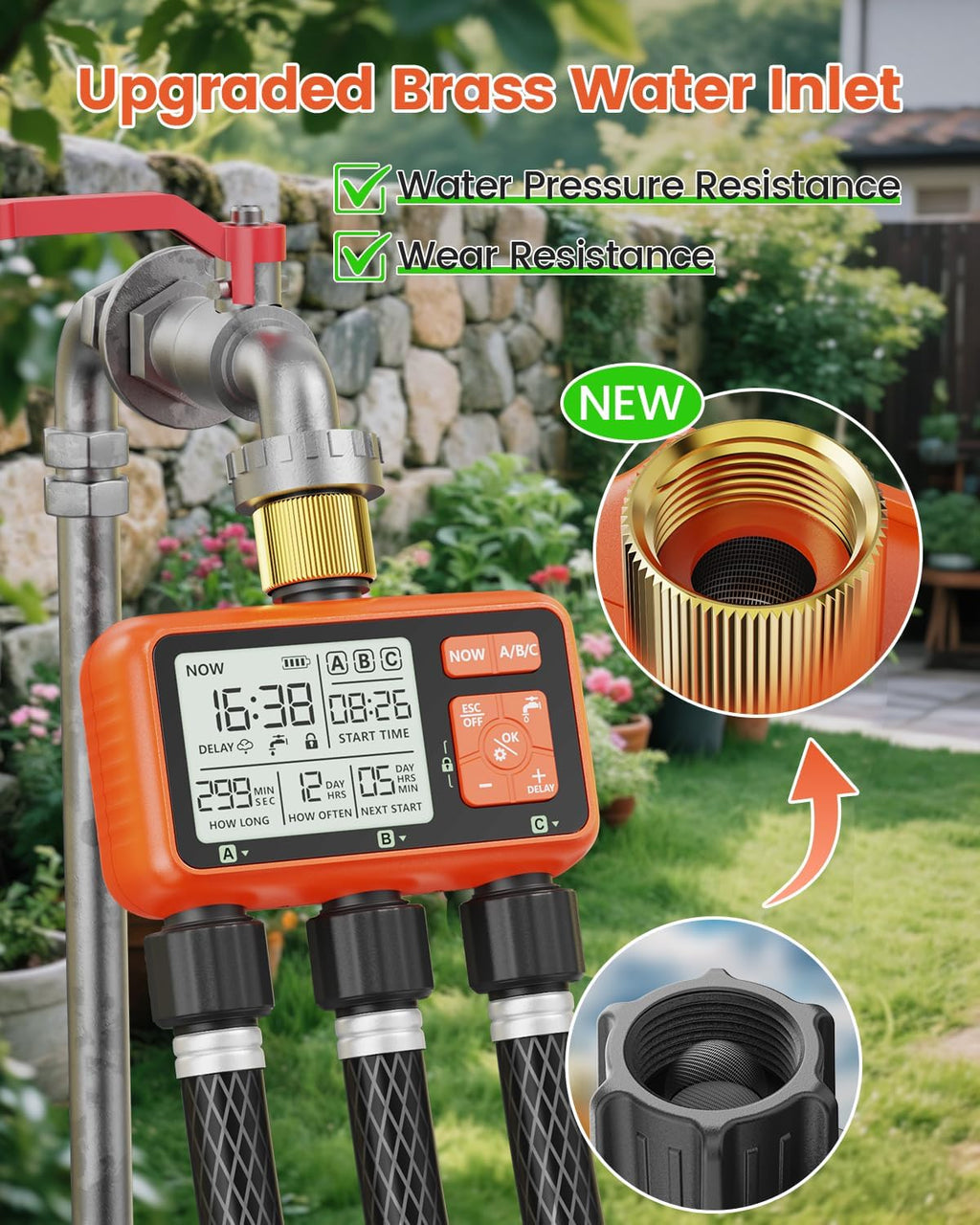 Sprinkler Timer 3 Zone with Brass Inlet Water Timer for Garden | Programmable Hose Faucet Controller with Independent