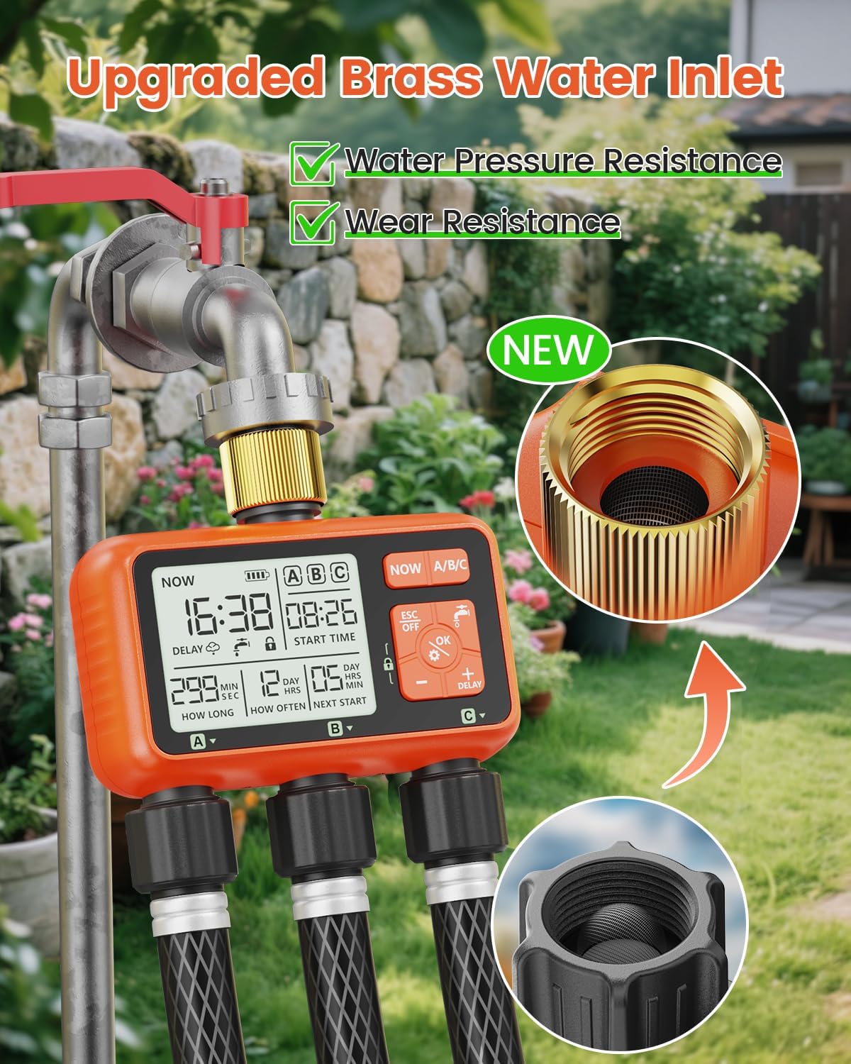 Sprinkler Timer 3 Zone with Brass Inlet Water Timer for Garden | Programmable Hose Faucet Controller with Independent