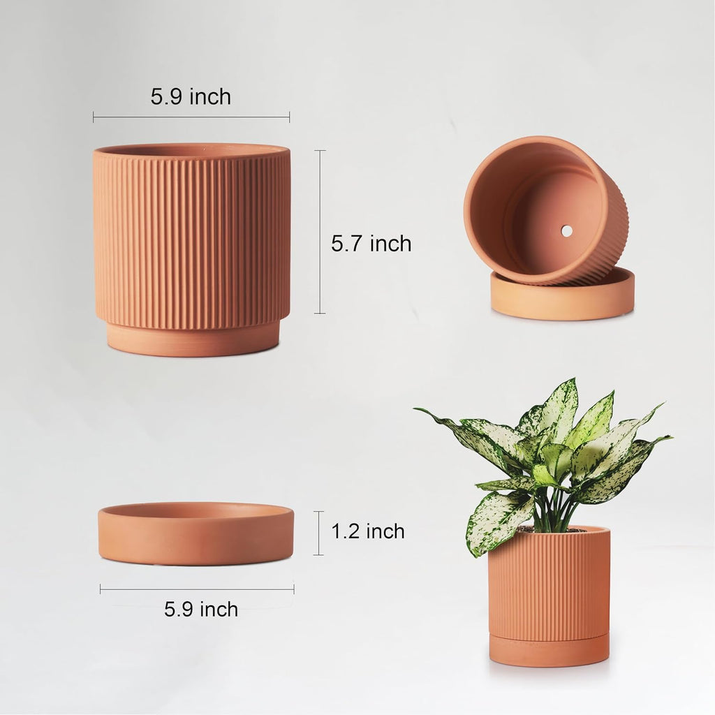 HERDUK Modern Terracotta Pots, 6 Inch Ribbed Textured Clay Planter Pots with Drainage Hole & Saucer, Garden Pots for