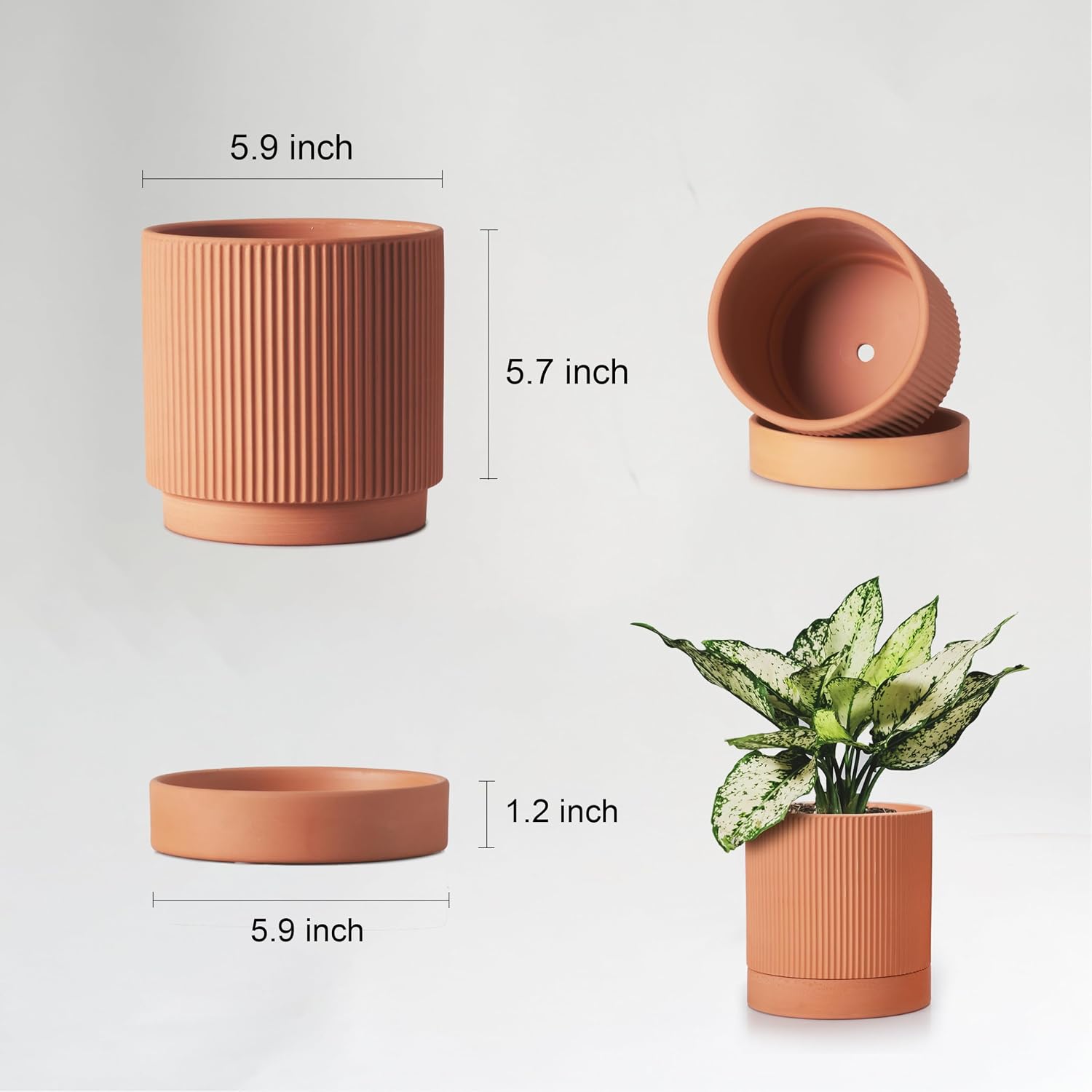 HERDUK Modern Terracotta Pots, 6 Inch Ribbed Textured Clay Planter Pots with Drainage Hole & Saucer, Garden Pots for