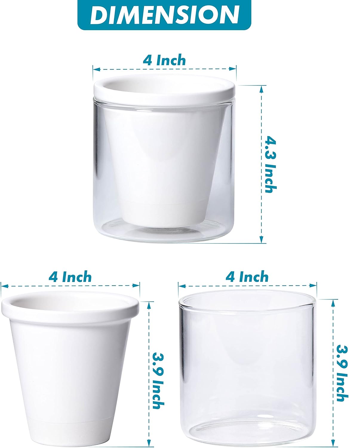 D'vine Dev Self-Watering White Terracotta Planter, 4 in, 2-Pack, 37-Y-A-2 | Terracotta & Glass Design, Clear Water