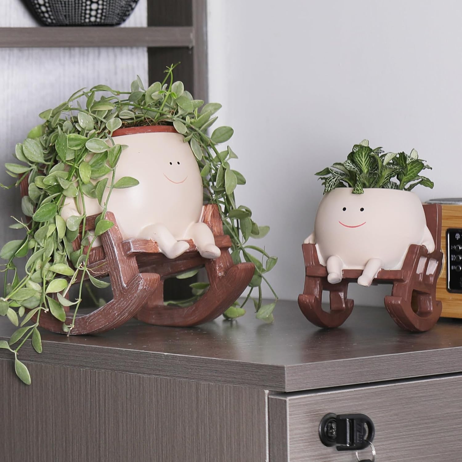 Camotank Smiley Face Rocking Chair Planters Flower Pots for Plants Funny Succulents Plant Live Cute Resin Head Planter