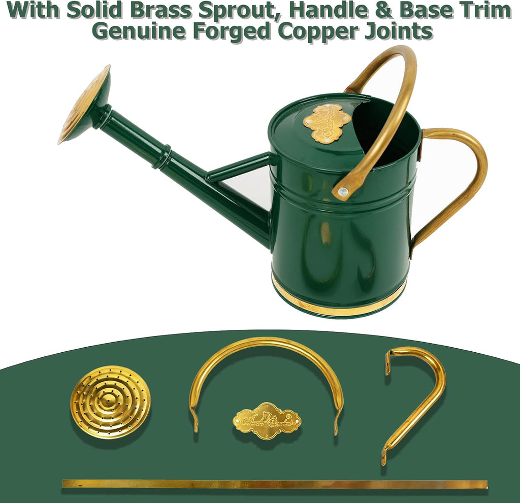 1 Gallon Green Metal Watering Can with Solid Brass Accents | Solid brass top and side handles, removable watering rose