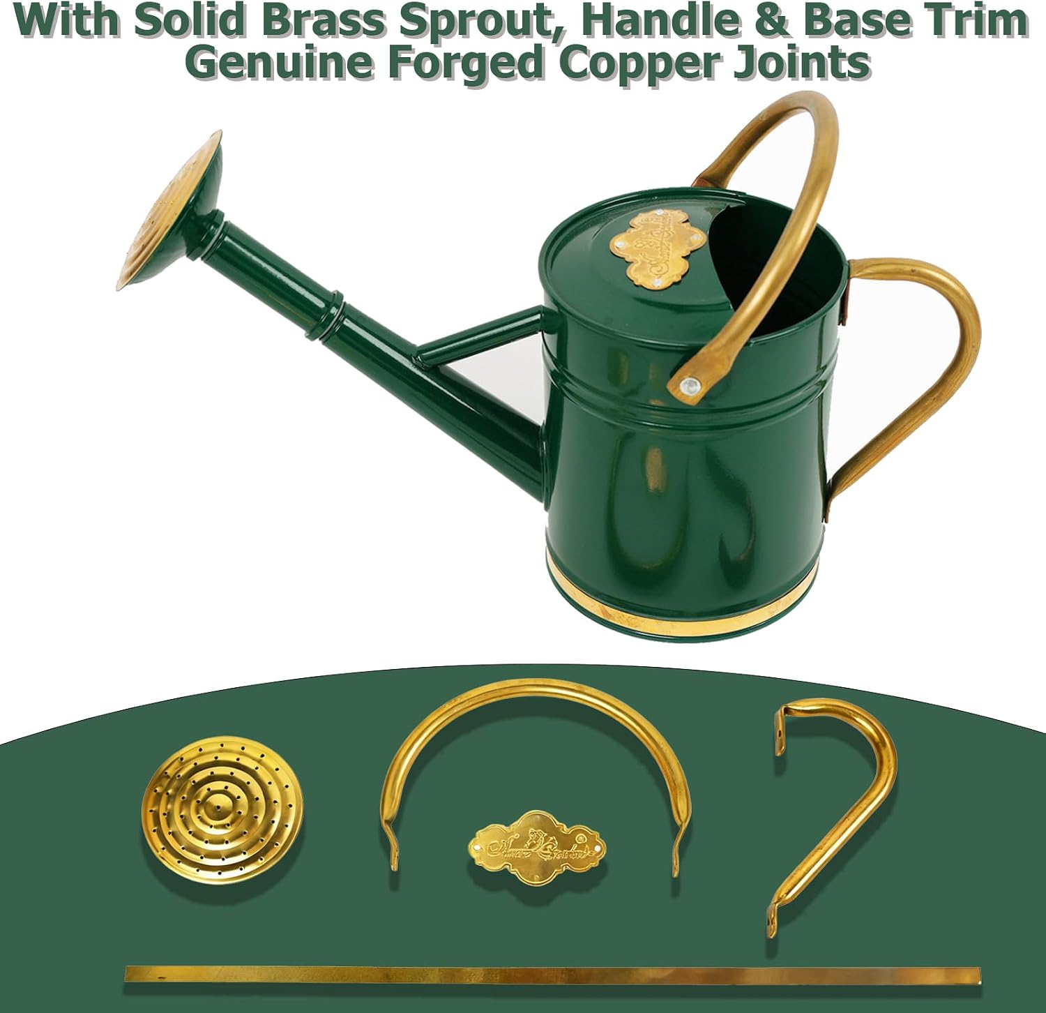 1 Gallon Green Metal Watering Can with Solid Brass Accents | Solid brass top and side handles, removable watering rose